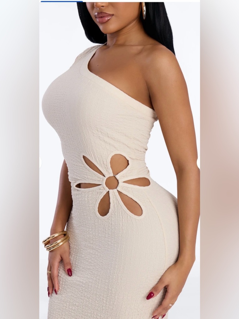 One-Shoulder Cream Maxi Dress with Floral Cutout - Picture 3 of 8